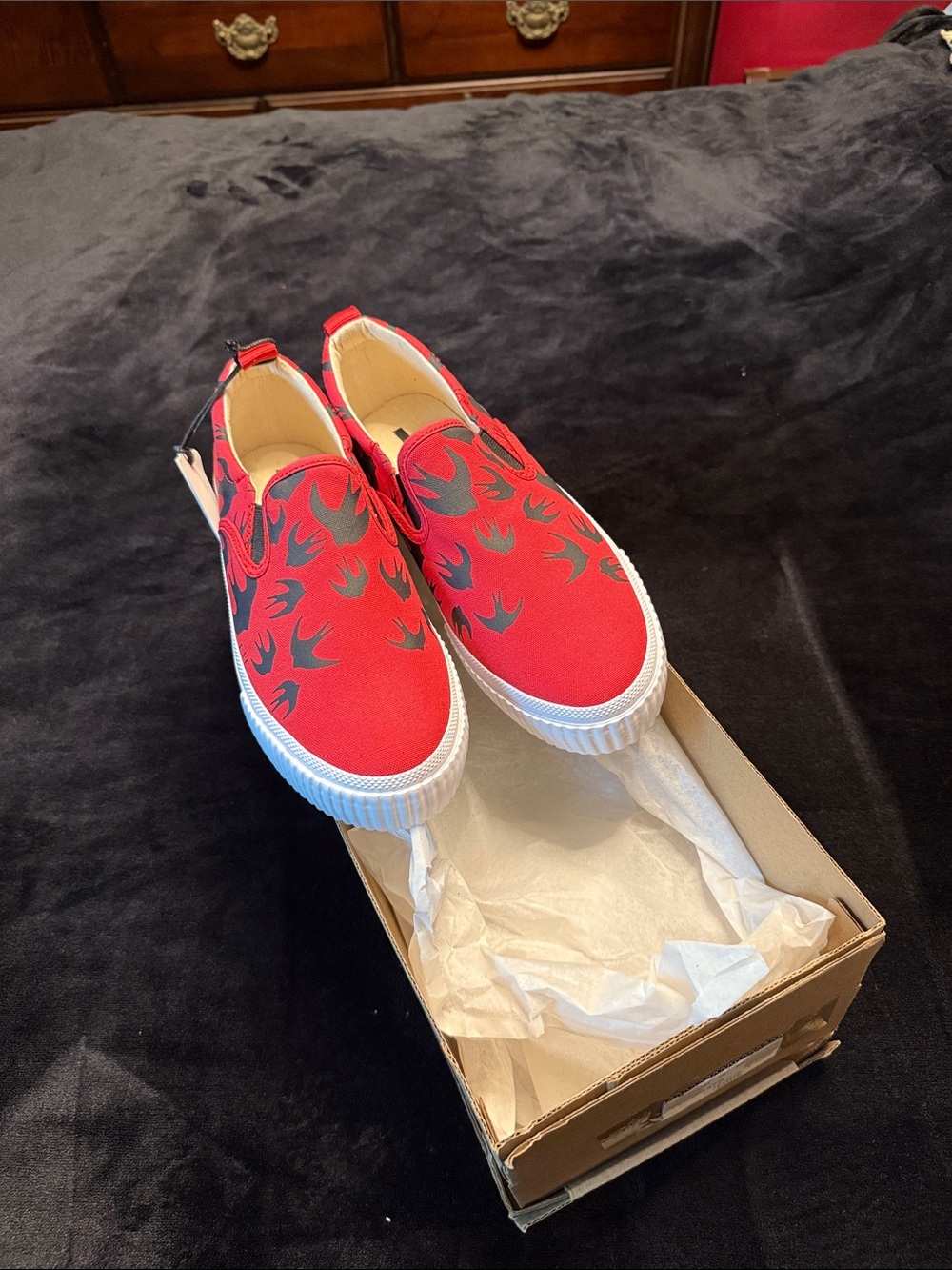 NIB Alexander McQueen red slip on sneakers, black swallows, canvas style size 10